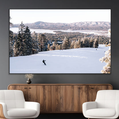 Canvas of a snowy mountain ski slope with pine trees and bright winter light, ideal for modern rustic or alpine-inspired home decor.