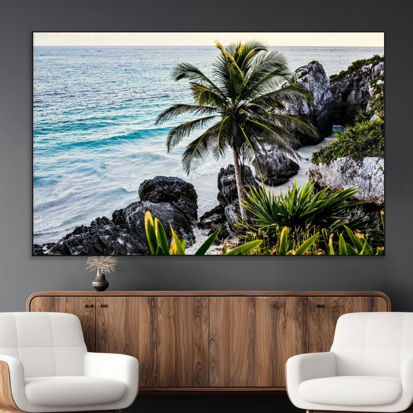 Framed canvas of a vibrant tropical coastline with palm trees, rocky cliffs, and turquoise waters, ideal for tropical coastal home decor.