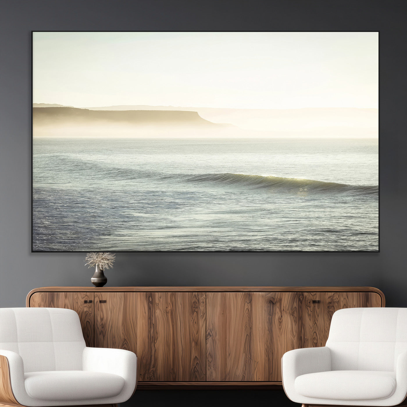 Canvas of a misty ocean scene with coastal cliffs and soft neutral tones, ideal for Scandinavian coastal or minimalist nature-inspired home decor.