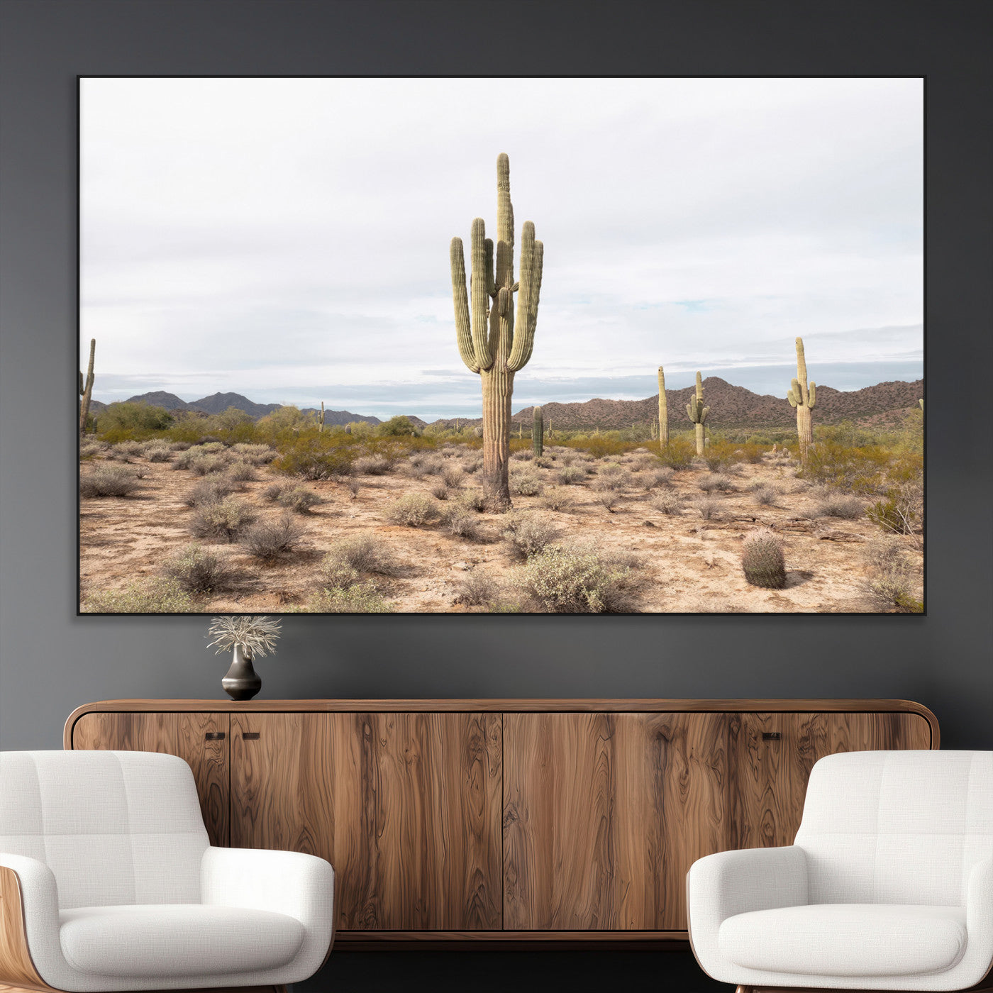 Canvas of a saguaro cactus in an earthy Sonoran desert landscape, ideal for Southwestern Boho or desert minimalism inspired home decor.   2/2