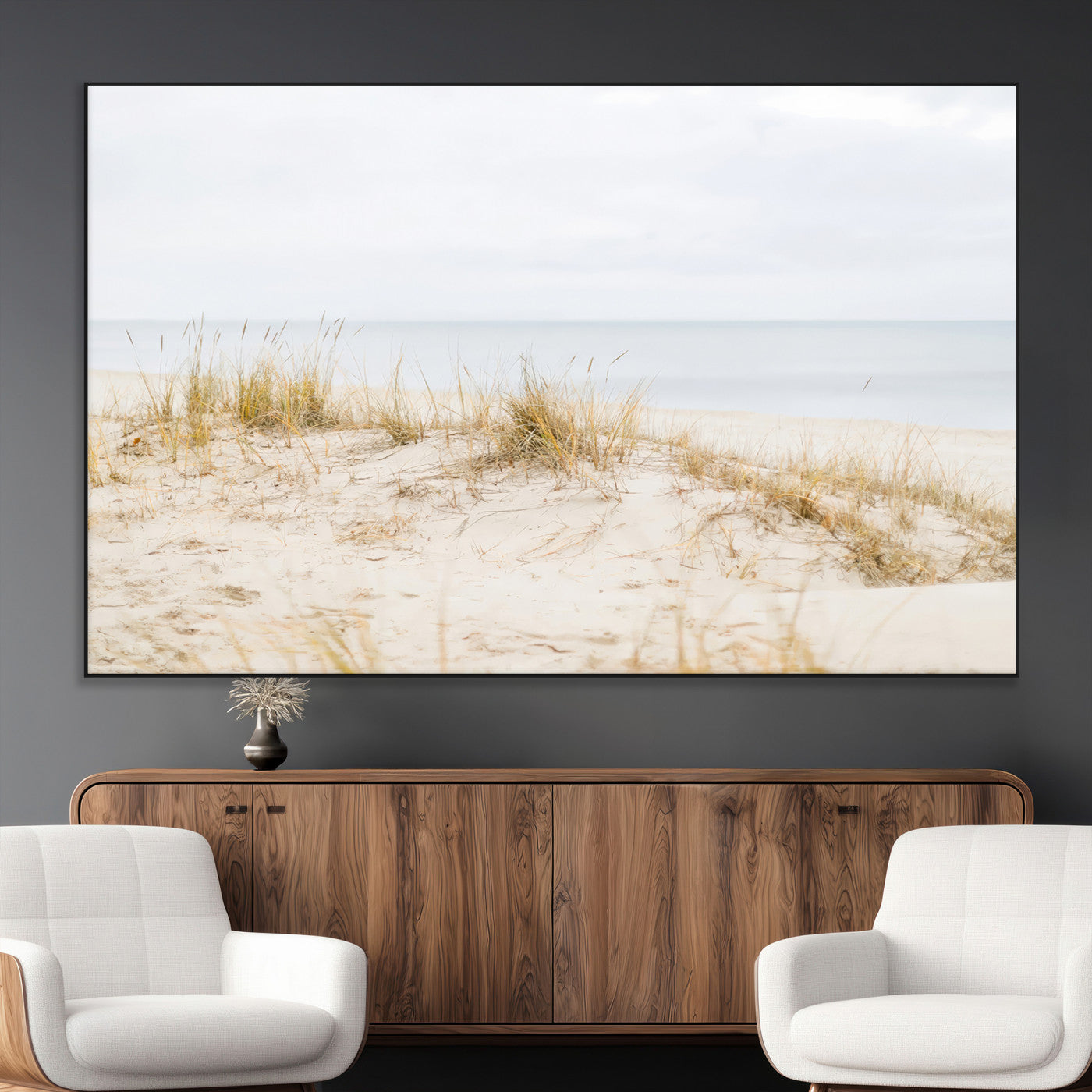 Canvas of soft beach dunes and coastal grasses in neutral tones, perfect for Scandinavian coastal or minimalist nature-inspired home decor.   2/2