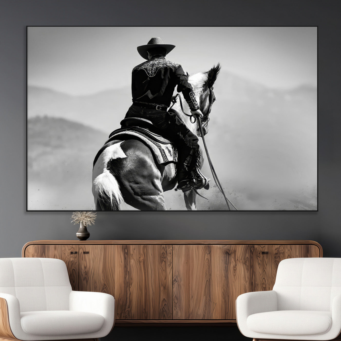 Black and white canvas of a cowboy on horseback with moody tones, perfect for rustic western or country-inspired home decor.