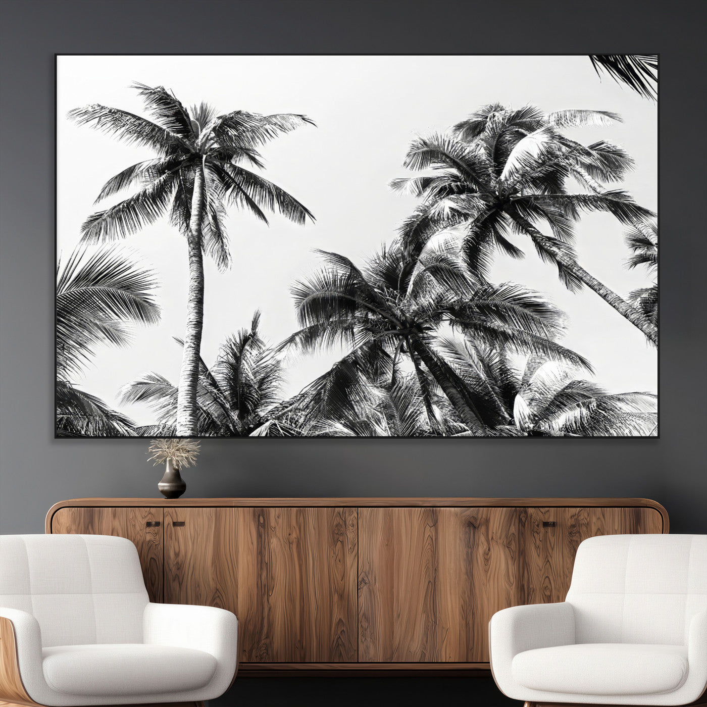 Black and white canvas of tall palm trees in moody tones, perfect for modern tropical minimalist or coastal-style home decor.