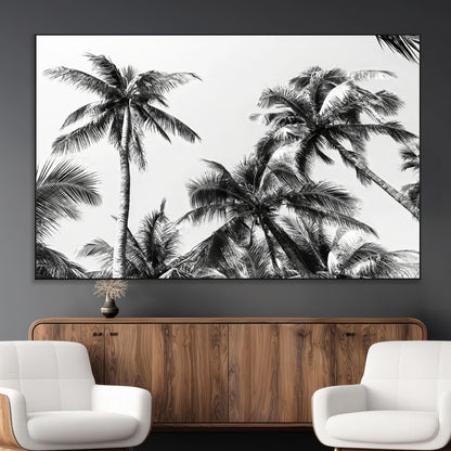 Black and white canvas of tall palm trees in moody tones, perfect for modern tropical minimalist or coastal-style home decor.