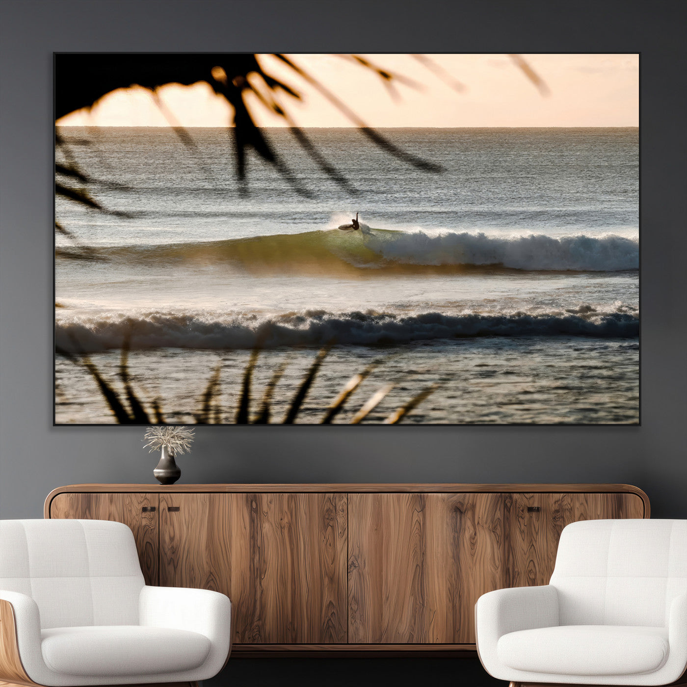 Photo of a surfer riding a golden hour wave at sunset, with tropical tones and dreamy light, perfect for tropical boho or coastal home decor.