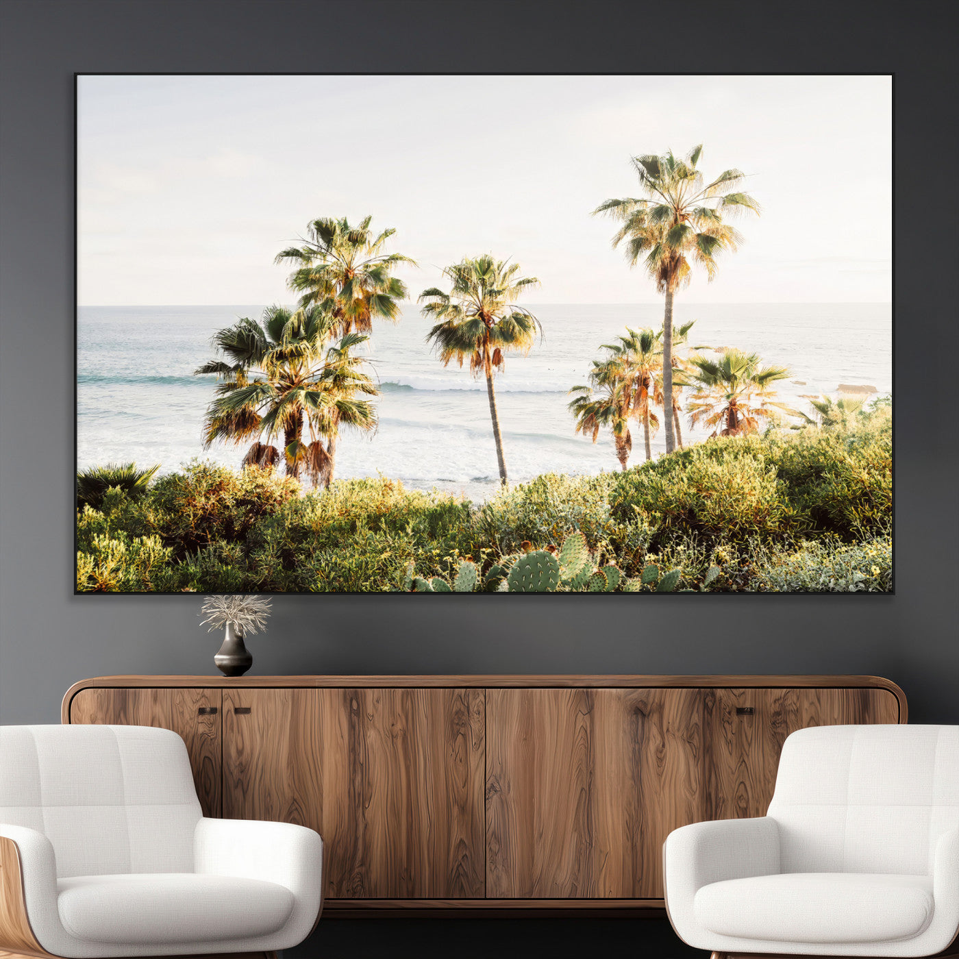 Framed print of sunlit palm trees on the California coast with warm tones, perfect for coastal minimalist or beach-style home decor.
