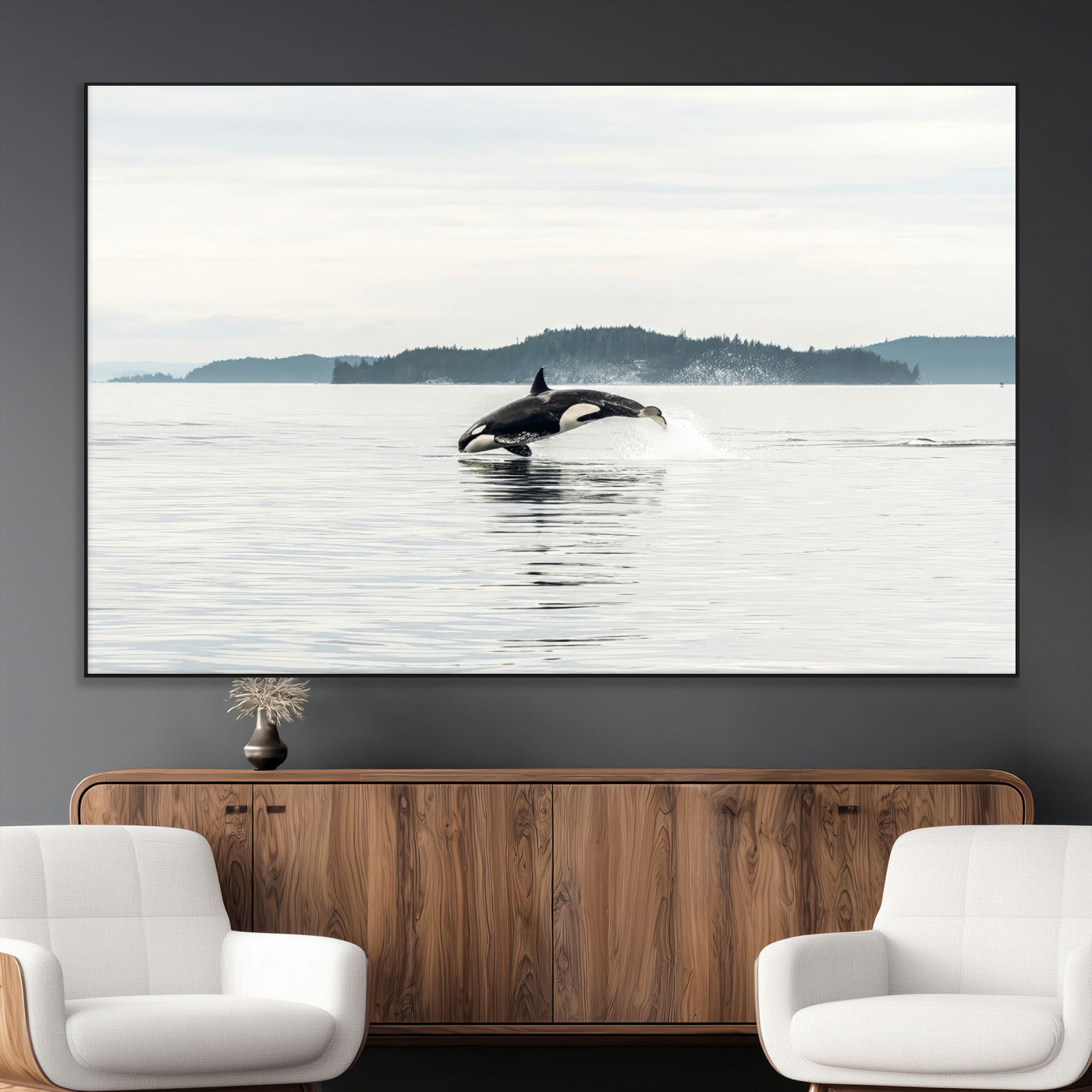 An orca jumping out of calm ocean waters with a misty island in the background, creating a serene and minimalist marine wildlife scene.