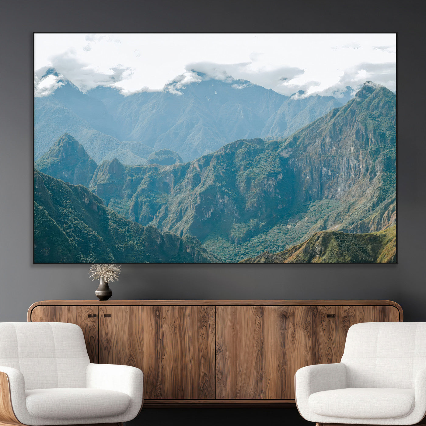 A misty mountain landscape with cloud-covered Andean peaks and lush green valleys, creating a dramatic and serene view, perfect for rustic or nature-inspired home decor.