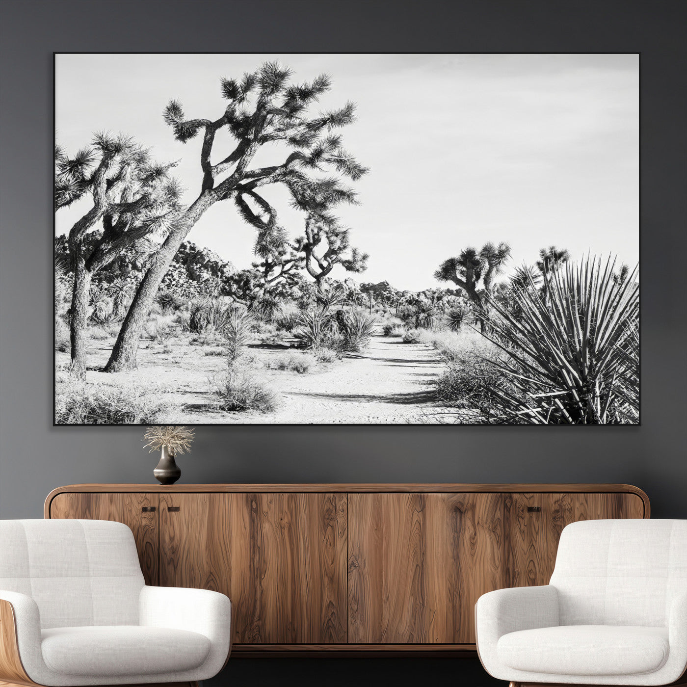 Canvas of a Joshua Tree forest in black and white tones, featuring a desert path and spiky vegetation, ideal for minimalist or rustic decor.