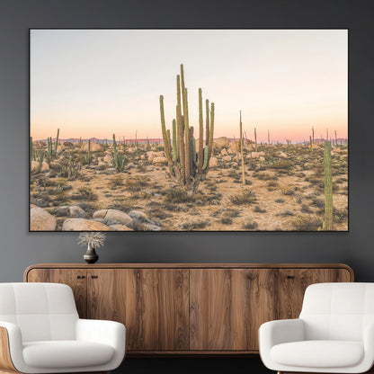 Canvas of tall desert cacti in warm sunset tones over a rocky Baja landscape, ideal for earthy or Southwestern-style home decor.