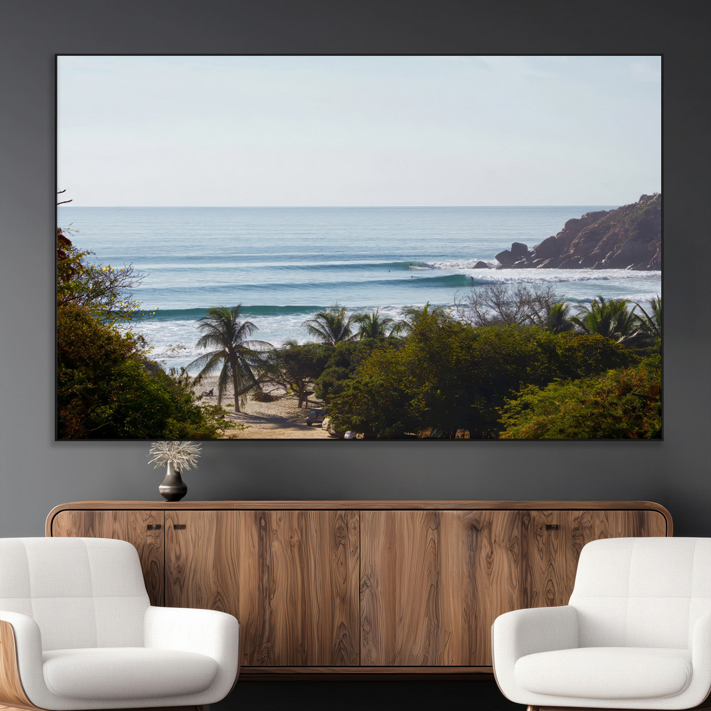 View of calm ocean waves with palm trees and a tropical coastline, ideal for coastal boho or beach-themed wall decor.