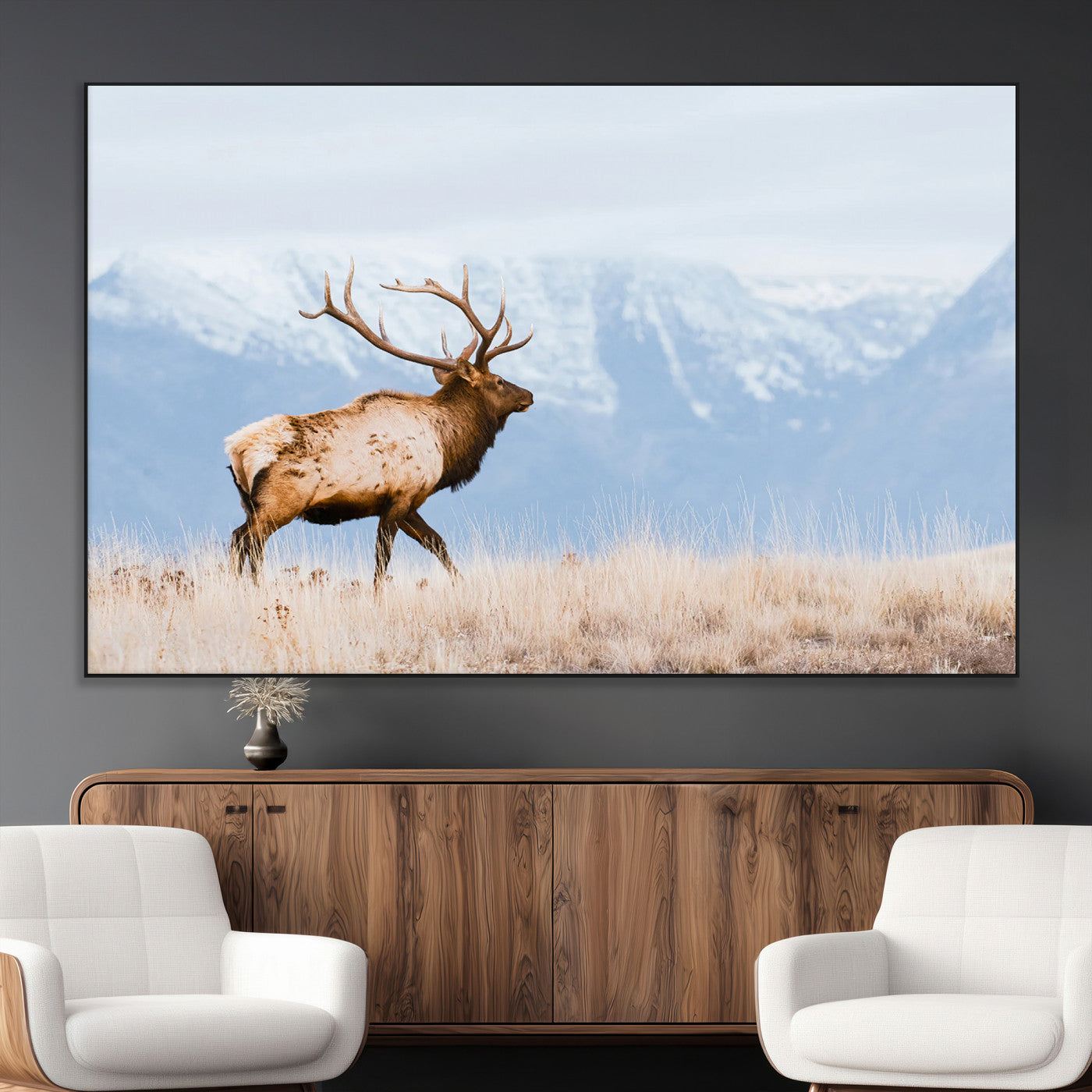 An elk walking on snowy grassland with majestic mountains in the background, ideal for rustic lodge or cabin wall decor.