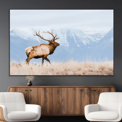 An elk walking on snowy grassland with majestic mountains in the background, ideal for rustic lodge or cabin wall decor.