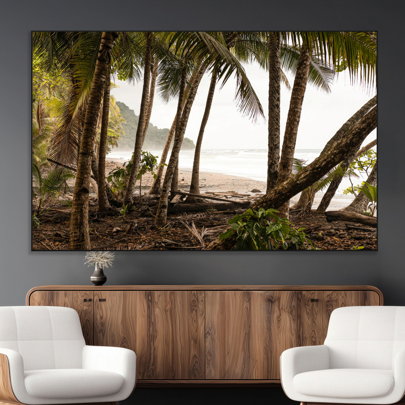 Dense tropical palm trees framing a sandy beach and ocean shore, ideal for jungle or coastal themed interior wall decor.