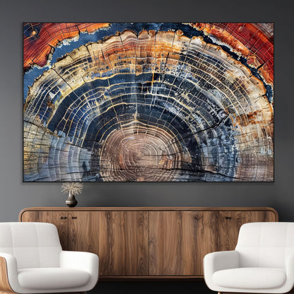 Vibrant tree ring with orange, brown, and blue tones in abstract detail, perfect for rustic or boho-inspired wall decor.