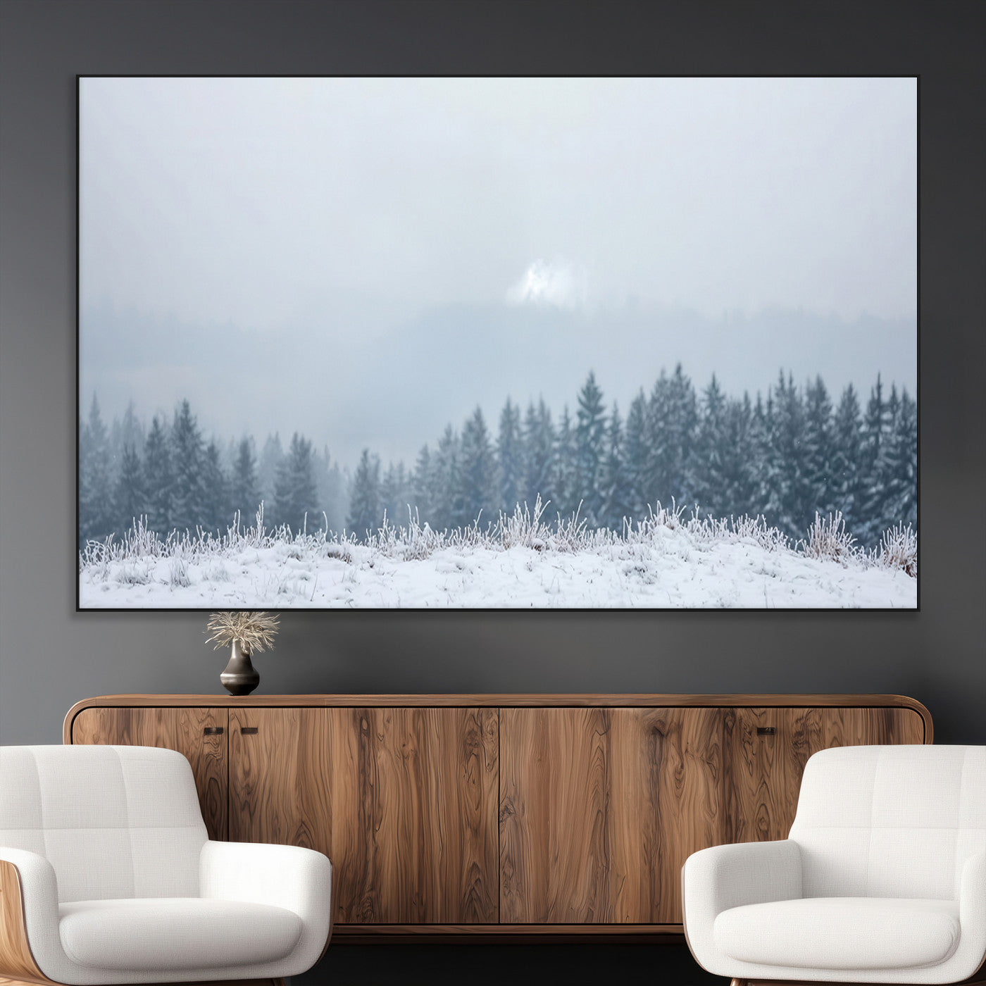 Snow-covered forest under misty sky, soft light breaking through clouds, ideal for minimalist or Nordic-inspired home decor.