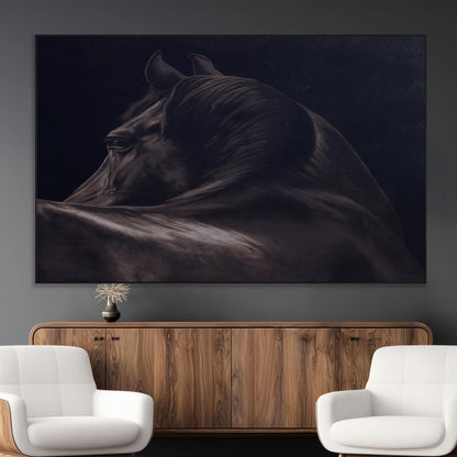 Close-up of a black horse with dramatic lighting on a dark background, perfect for rustic or masculine home decor.