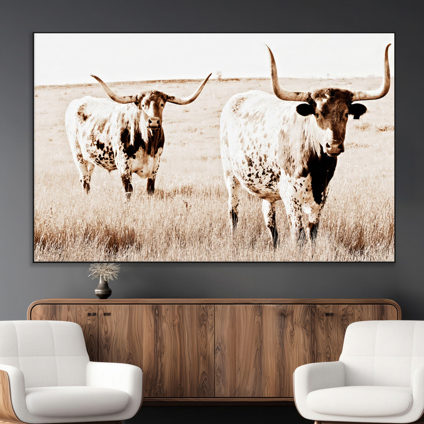 Two Texas longhorn cows standing in a sepia-toned pasture, evoking rustic charm perfect for farmhouse or western country interiors. (