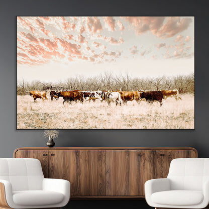 Cattle herd in a soft-toned field under a pastel pink sky, creating a peaceful rustic feel, perfect for farmhouse or western-themed spaces.