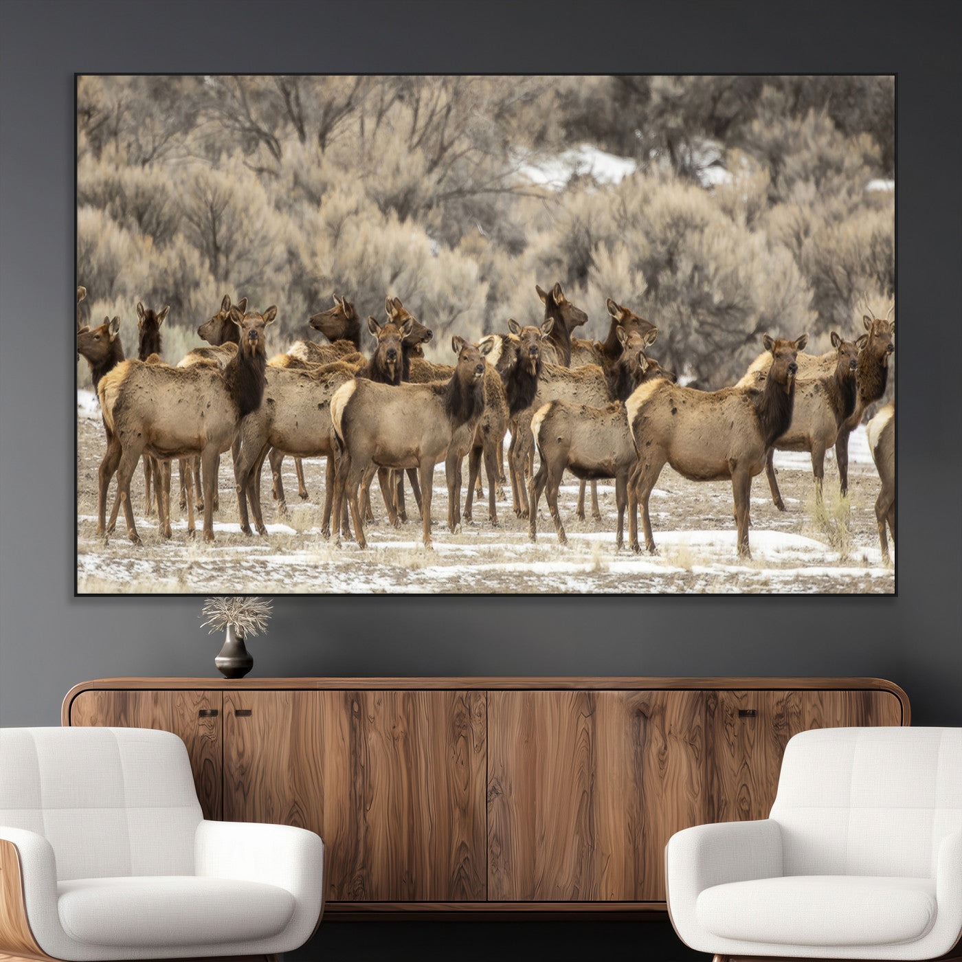 A large herd of elk standing in an open field with soft earthy tones, ideal for rustic lodge or western-themed home wall decor.