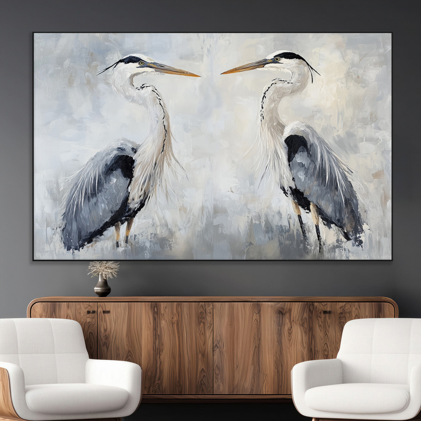 Two herons facing each other on a soft-toned background with blue-grey feathers, perfect for tranquil, coastal or nature-themed interiors.