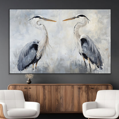 Two herons facing each other on a soft-toned background with blue-grey feathers, perfect for tranquil, coastal or nature-themed interiors.