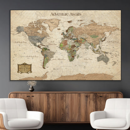 Custom Push Pin World Map Wall Canvas Print – Personalized Travel Tracker with Pins – Framed Custom Quotie Canvas for Home Office Decor