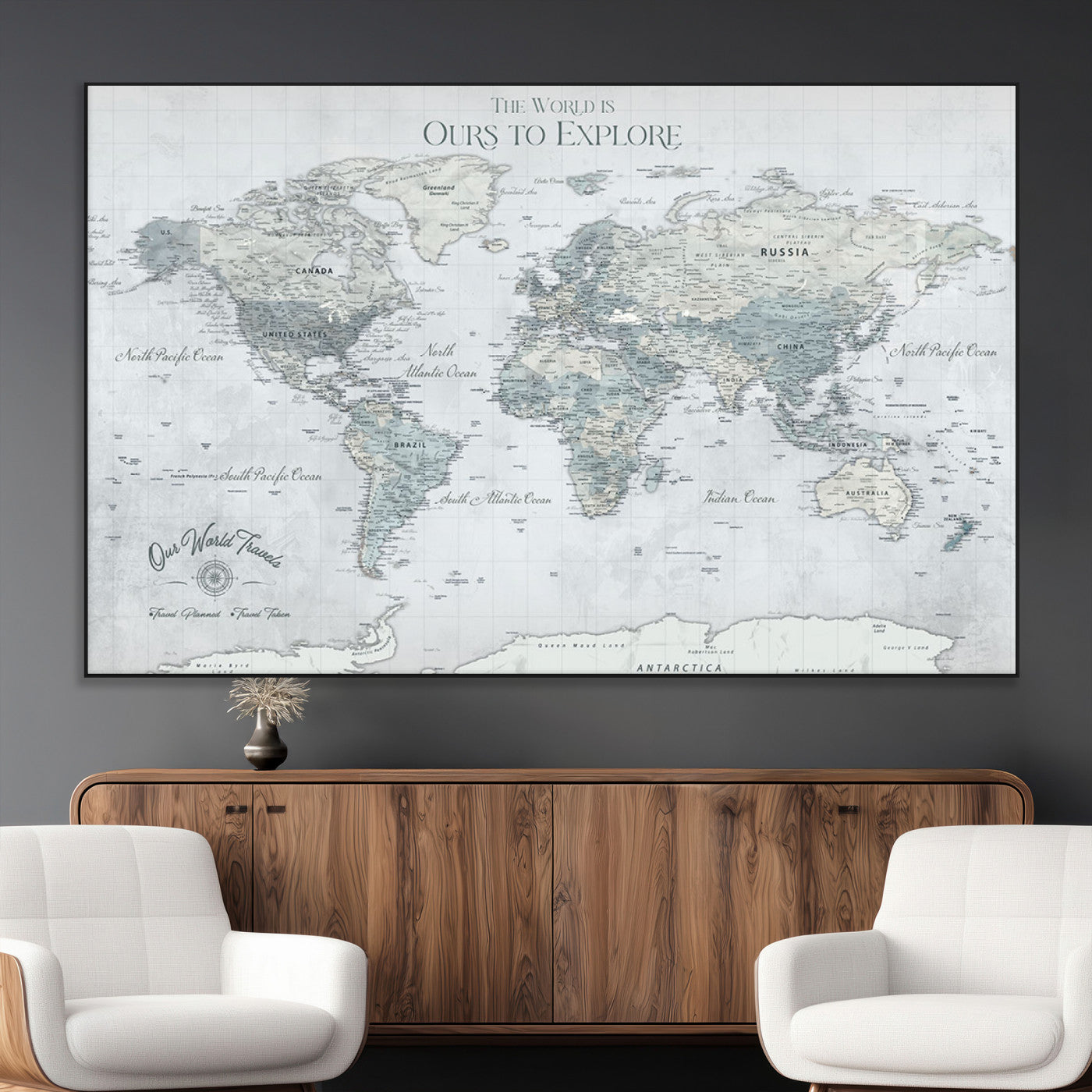 Custom Push Pin World Map Wall Canvas Print – Personalized Travel Tracker with Pins – Framed Custom Quotie Canvas for Home Office Decor