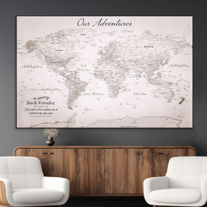 Customize Push Pin World Map Wall Canvas Print – Personalized Travel Map with Foam Pins – Framed Custom Quotie Canvas for Home Office Decor