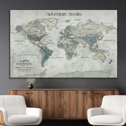 Customize Push Pin World Map Wall Canvas Print – Personalized Travel Tracker with Pins – Framed Custom Quotie Canvas for Home Office Decor