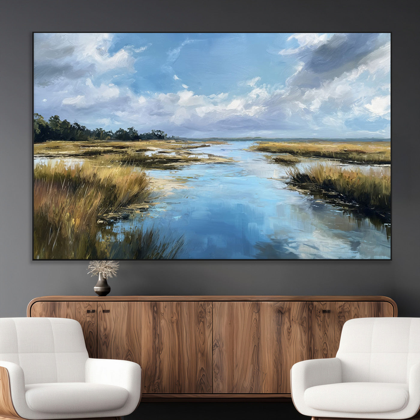 A beautiful, painterly landscape of a calm river winding through a marsh, with vibrant green grasses and a bright blue sky filled with fluffy clouds.