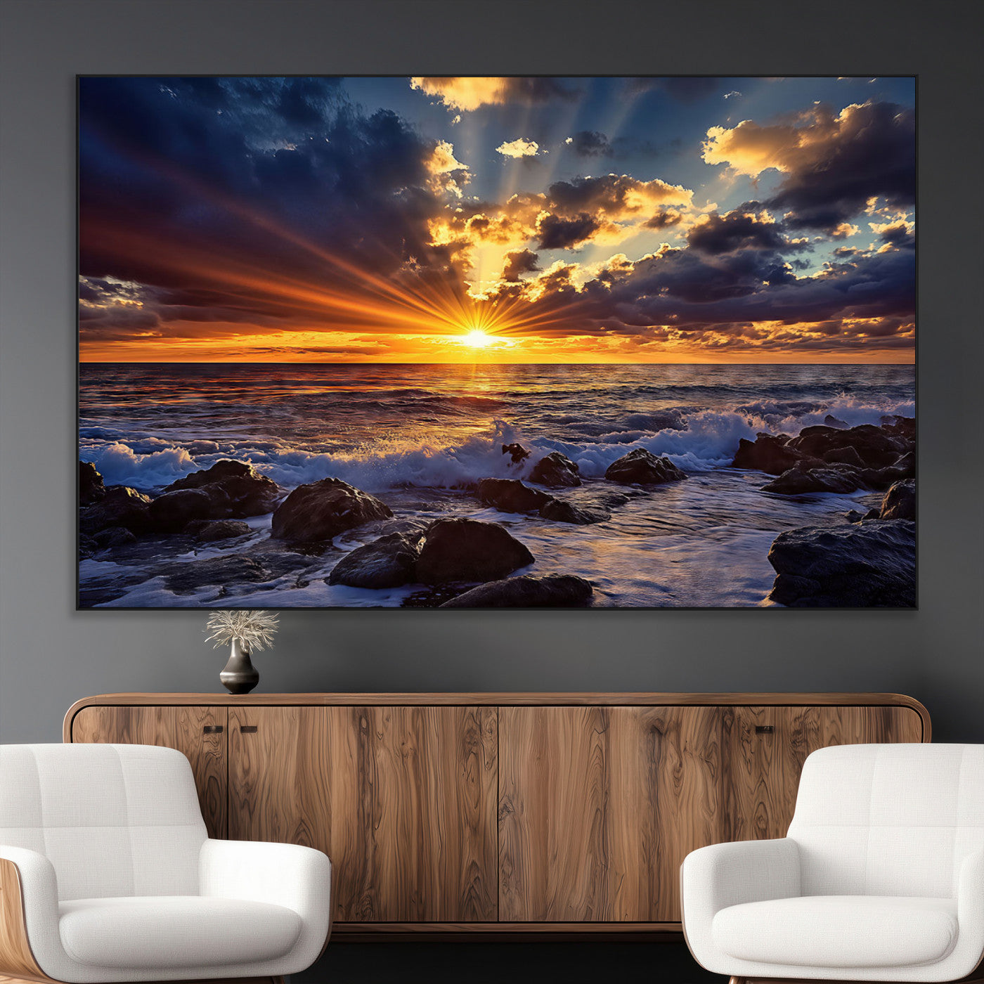 An explosive sunset over the ocean with dramatic clouds and rays of sunlight reflecting off the water, creating a vibrant and captivating view.