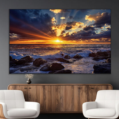 An explosive sunset over the ocean with dramatic clouds and rays of sunlight reflecting off the water, creating a vibrant and captivating view.