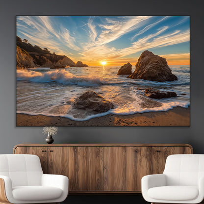 Rocky Ocean Sunset Wall Art Print, Seaside Canvas Wall Art, Dramatic Seascape Canvas Print for Coastal Modern Decor, Ocean Sunset Art Printing