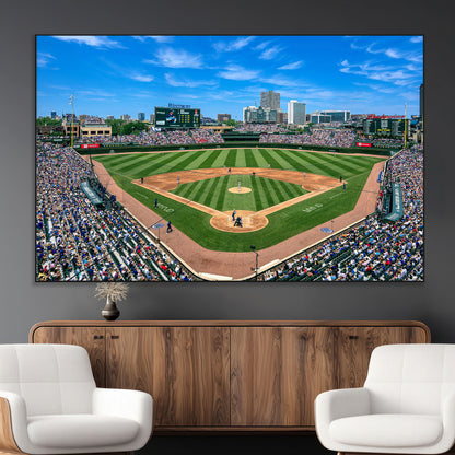 Wrigley Field Baseball Stadium Canvas Wall Art, Packed Crowd Sports Stadium Print, City Skyline Baseball Field Canvas for Game Room Decor