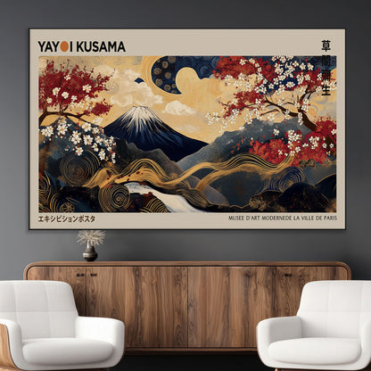 Yayoi Kusama's artwork featuring Mount Fuji, blooming cherry trees, and intricate swirls, blending traditional Japanese elements with vibrant color.