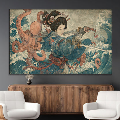 Tsukioka Yoshitoshi Samurai Wall Art Print, Japanese Katana Warrior Canvas Wall Art, Octopus Sea Monster Canvas Print,