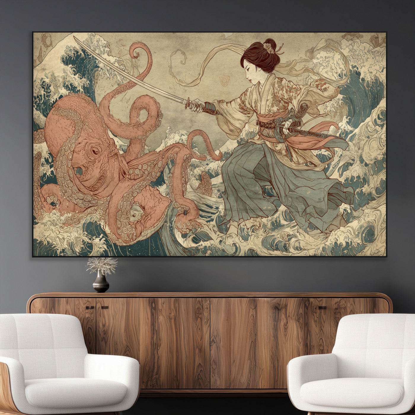 Tsukioka Yoshitoshi Samurai Wall Art Print, Japanese Katana Warrior Canvas Wall Art, Octopus Sea Monster Canvas Print,