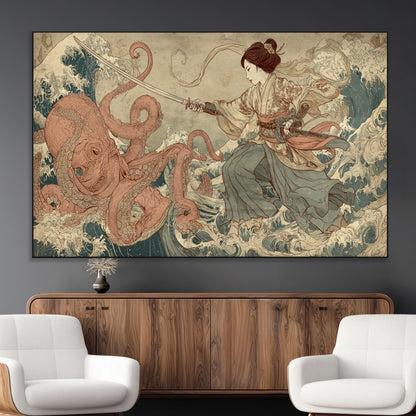 Tsukioka Yoshitoshi Samurai Wall Art Print, Japanese Katana Warrior Canvas Wall Art, Octopus Sea Monster Canvas Print,