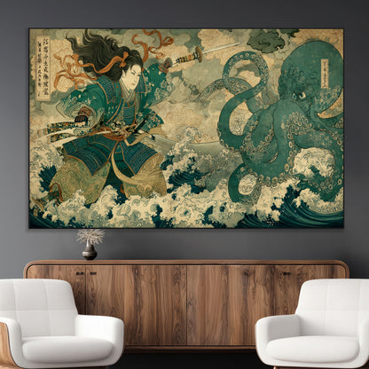 Tsukioka Yoshitoshi Samurai Wall Art Print, Japanese Katana Warrior Canvas Wall Art, Octopus Sea Monster Canvas Print,
