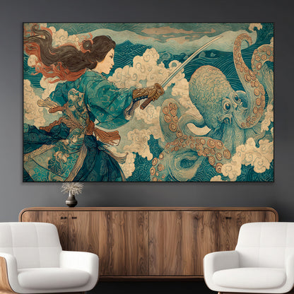 Tsukioka Yoshitoshi Samurai Wall Art Print, Japanese Katana Warrior Canvas Wall Art, Octopus Sea Monster Canvas Print,