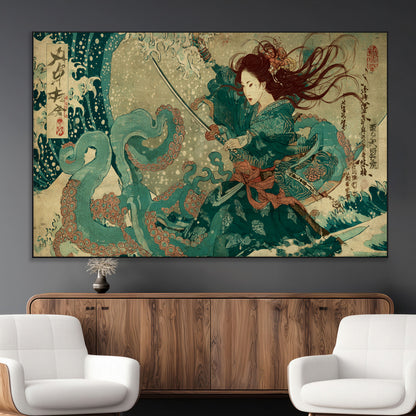 Tsukioka Yoshitoshi Samurai Wall Art Print, Japanese Katana Warrior Canvas Wall Art, Octopus Sea Monster Canvas Print,