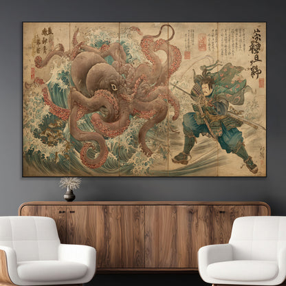 Tsukioka Yoshitoshi Samurai Wall Art Print, Japanese Katana Warrior Canvas Wall Art, Octopus Sea Monster Canvas Print,
