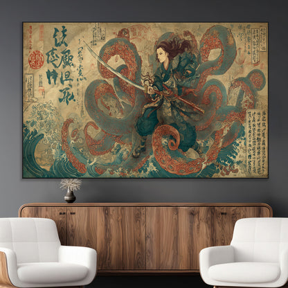 Tsukioka Yoshitoshi Samurai Wall Art Print, Japanese Katana Warrior Canvas Wall Art, Octopus Sea Monster Canvas Print,
