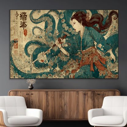 Tsukioka Yoshitoshi Samurai Wall Art Print, Japanese Katana Warrior Canvas Wall Art, Octopus Sea Monster Canvas Print,