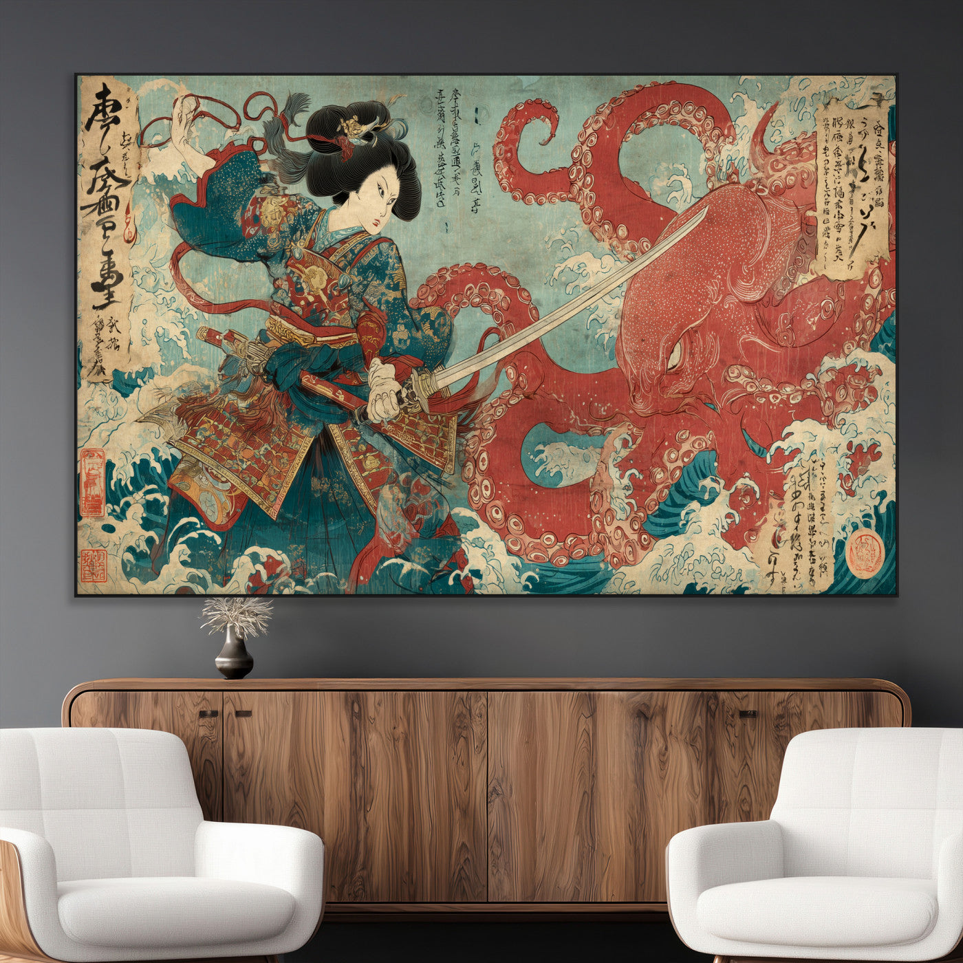 Tsukioka Yoshitoshi Samurai Wall Art Print, Japanese Katana Warrior Canvas Wall Art, Octopus Sea Monster Canvas Print,