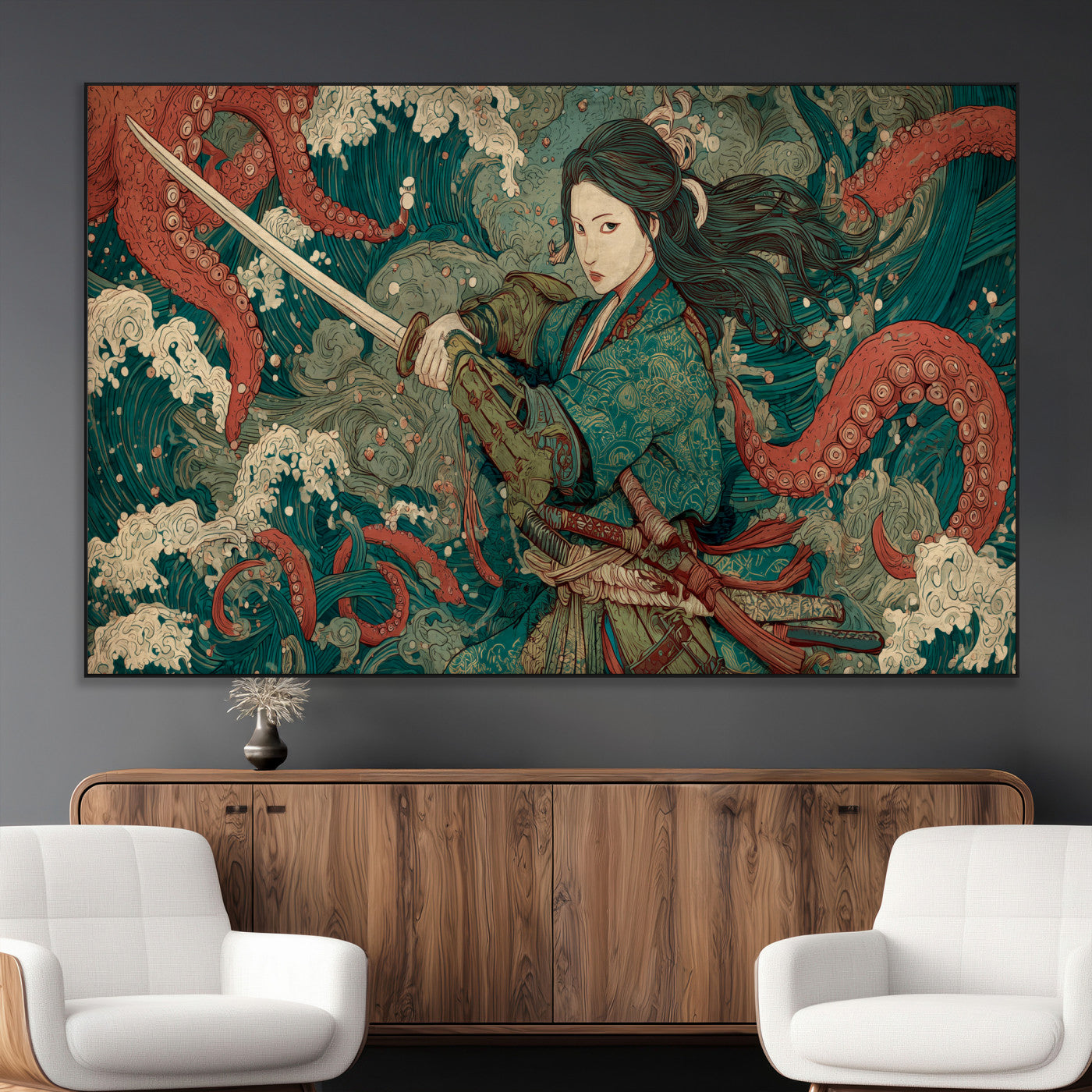 Tsukioka Yoshitoshi Samurai Wall Art Print, Japanese Katana Warrior Canvas Wall Art, Octopus Sea Monster Canvas Print,