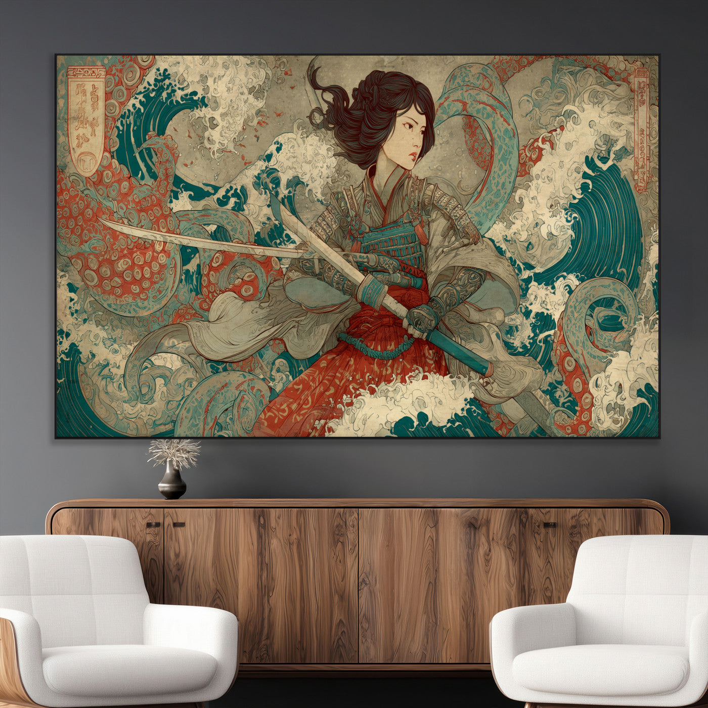 Tsukioka Yoshitoshi Samurai Wall Art Print, Japanese Katana Warrior Canvas Wall Art, Octopus Sea Monster Canvas Print,