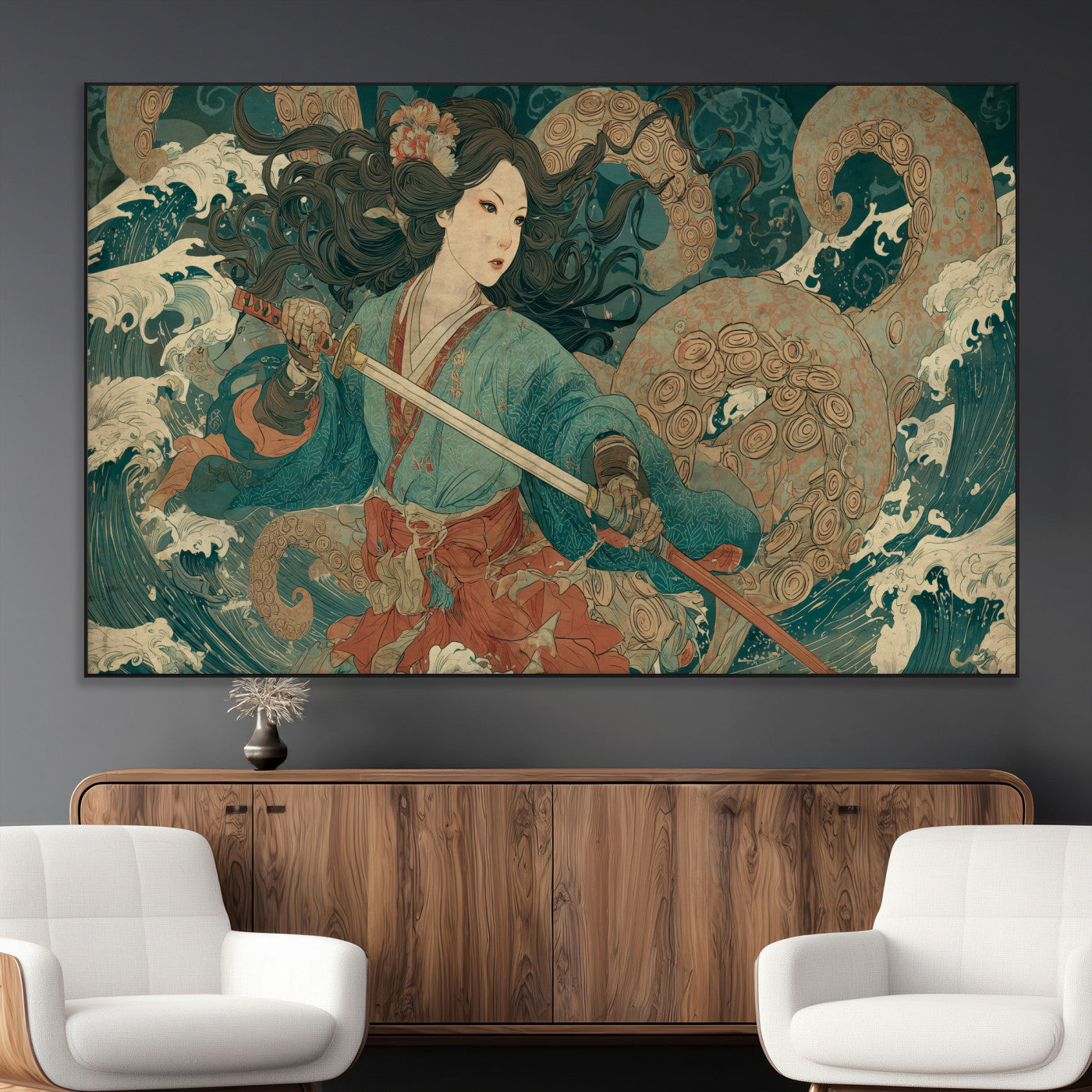 Tsukioka Yoshitoshi Samurai Wall Art Print, Japanese Katana Warrior Canvas Wall Art, Octopus Sea Monster Canvas Print,