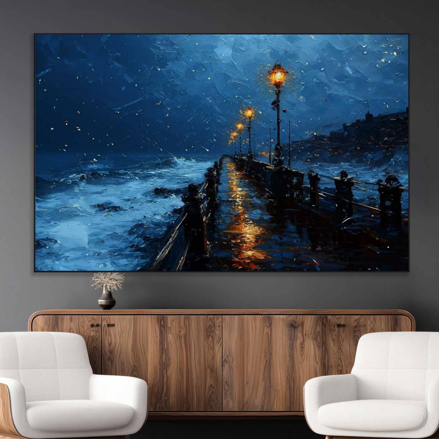"Impressionistic painting of a rainy pier at night with glowing street lamps reflecting on the wet surface, ocean waves crashing under a dark blue sky."